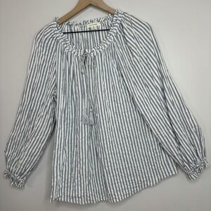 Max Studio Top Blouse Medium Blue Stripe Boho Peasant Flowy Old Money Preppy